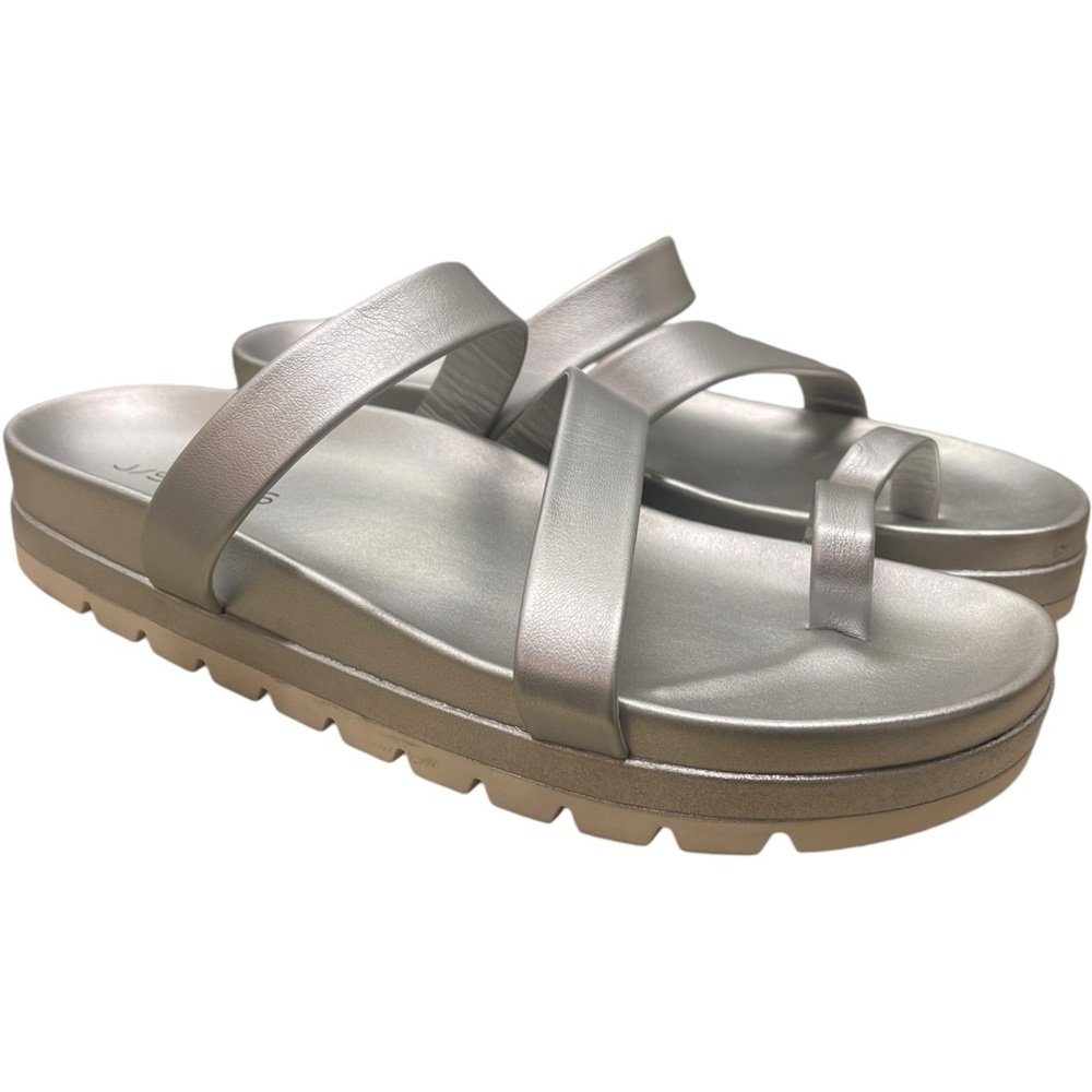 J/SLIDES Rihanna Metallic Slides Silver Platform Toe Loop Size 10